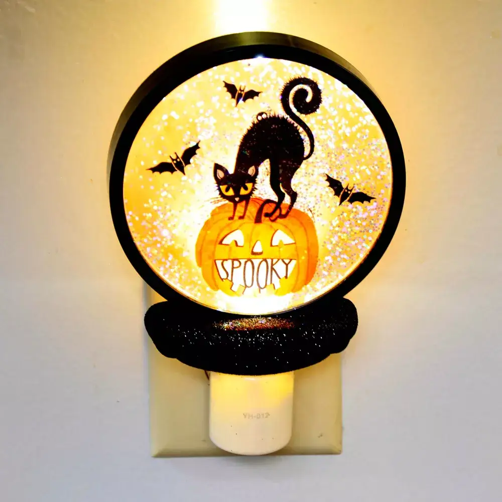 Nightlight Black Cat on a Pumpkin with orange glow and bats by The Country Christmas Loft on Tampa Home & Garden Store