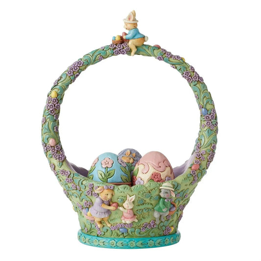 Bunnies Egg Hunt Easter Basket Figurine; green floral basket with rabbits on Tampa Home & Garden Store