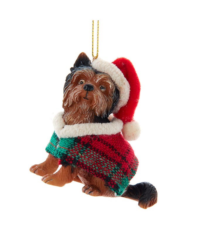 Ornement Yorkshire Terrier avec manteau à carreaux et bonnet de Père Noël