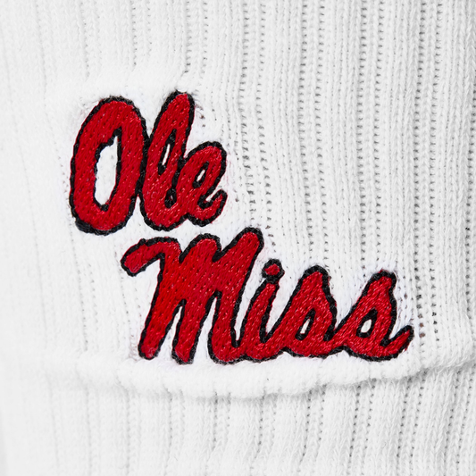 Ole Miss campus crew socks white knit with red embroidered script on Tampa Home & Garden Store