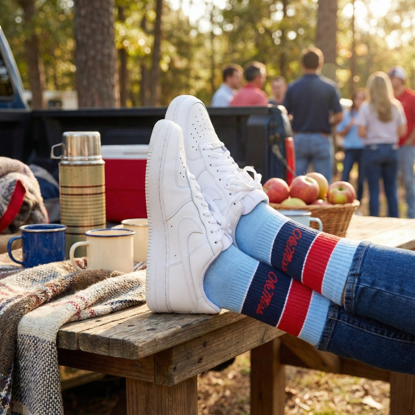 Ole Miss Powder Wide Stripe Casual Crew Socks powder blue red navy stripes college socks on Tampa Home & Garden Store