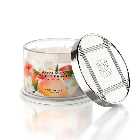 Jasmine & White Peach jar candle, 18 oz, clear glass with label, HomeWorx by Slatkin & Co on Tampa Home & Garden Store