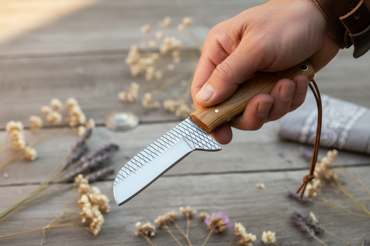 Bull Cutter Knife with olivewood handle and rasp tool steel blade by Frontier Cowboy Gear on Tampa Home & Garden Store