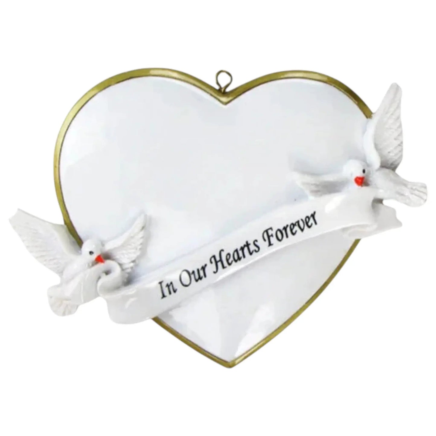 In Our Hearts Forever Memorial Ornament white heart with gold rim and two doves on Tampa Home & Garden Store