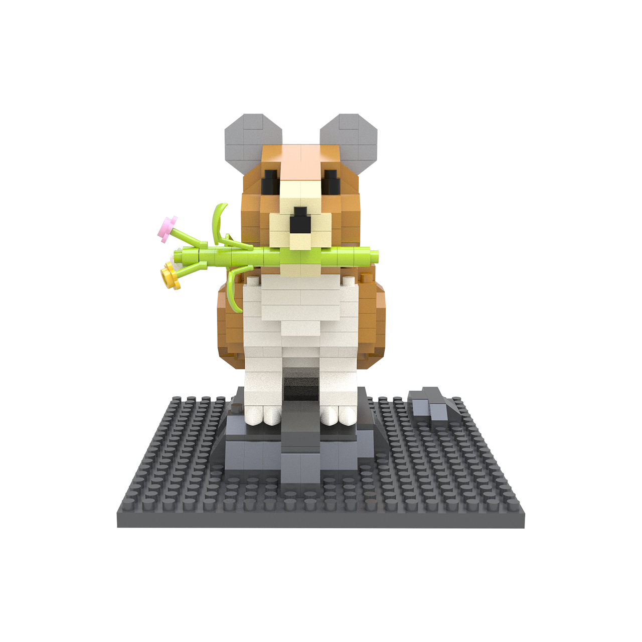 Mini Building Blocks Pika Figurine Kit, brown dog with green stem and pink flower on gray base on Tampa Home & Garden Store