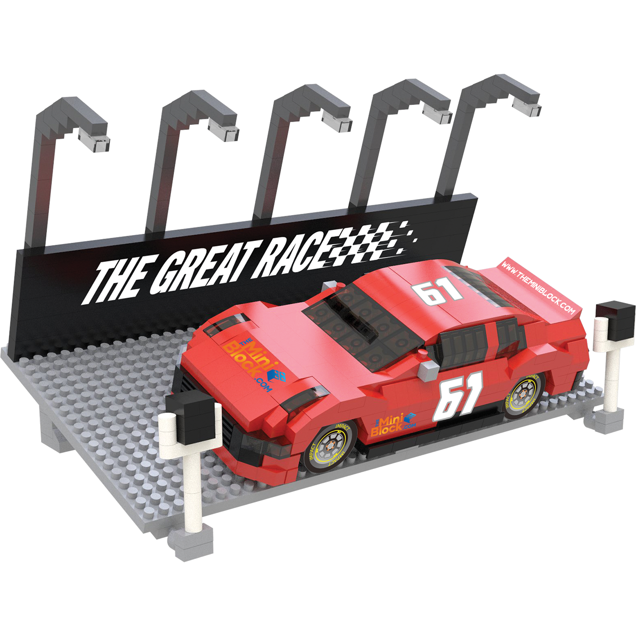 Mini Building Blocks Race Car red 61 on gray baseplate beside black THE GREAT RACE stand on Tampa Home & Garden Store