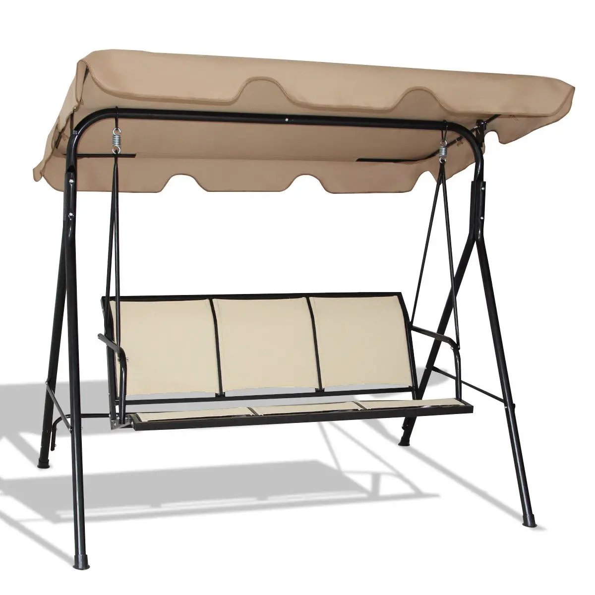 Three-person patio swing with beige canopy and cushions on a black metal frame by DirectDeals on Tampa Home & Garden Store
