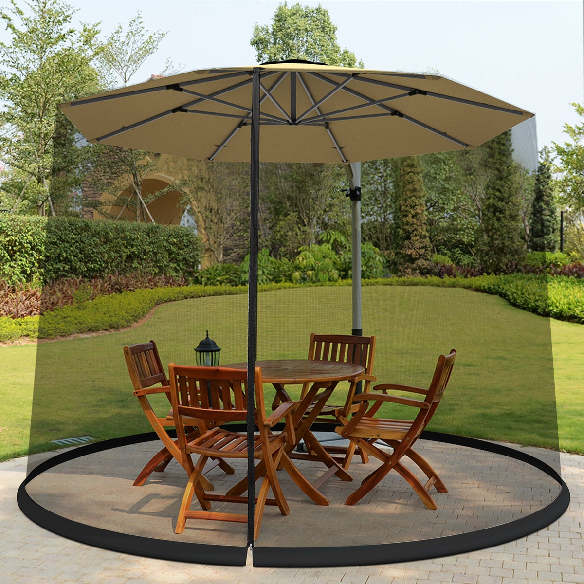 9-10ft Umbrella Table Mosquito Screen Net enclosure with beige umbrella and four wooden chairs on Tampa Home & Garden Store