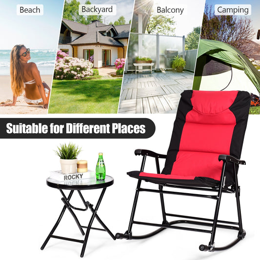 3 Pcs Outdoor Folding Rocking Chair Table Set with Cushion-Black&Red - Tampa Home & Garden Store