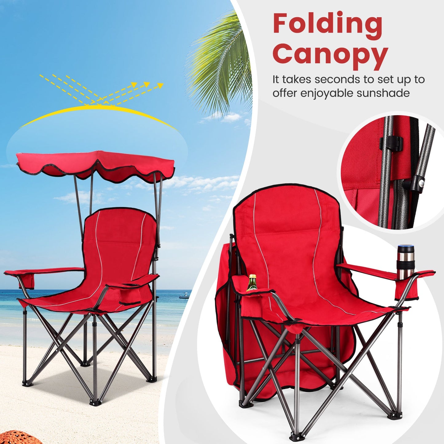 Portable folding beach canopy chair with cup holders in red by GemGear on Tampa Home & Garden Store