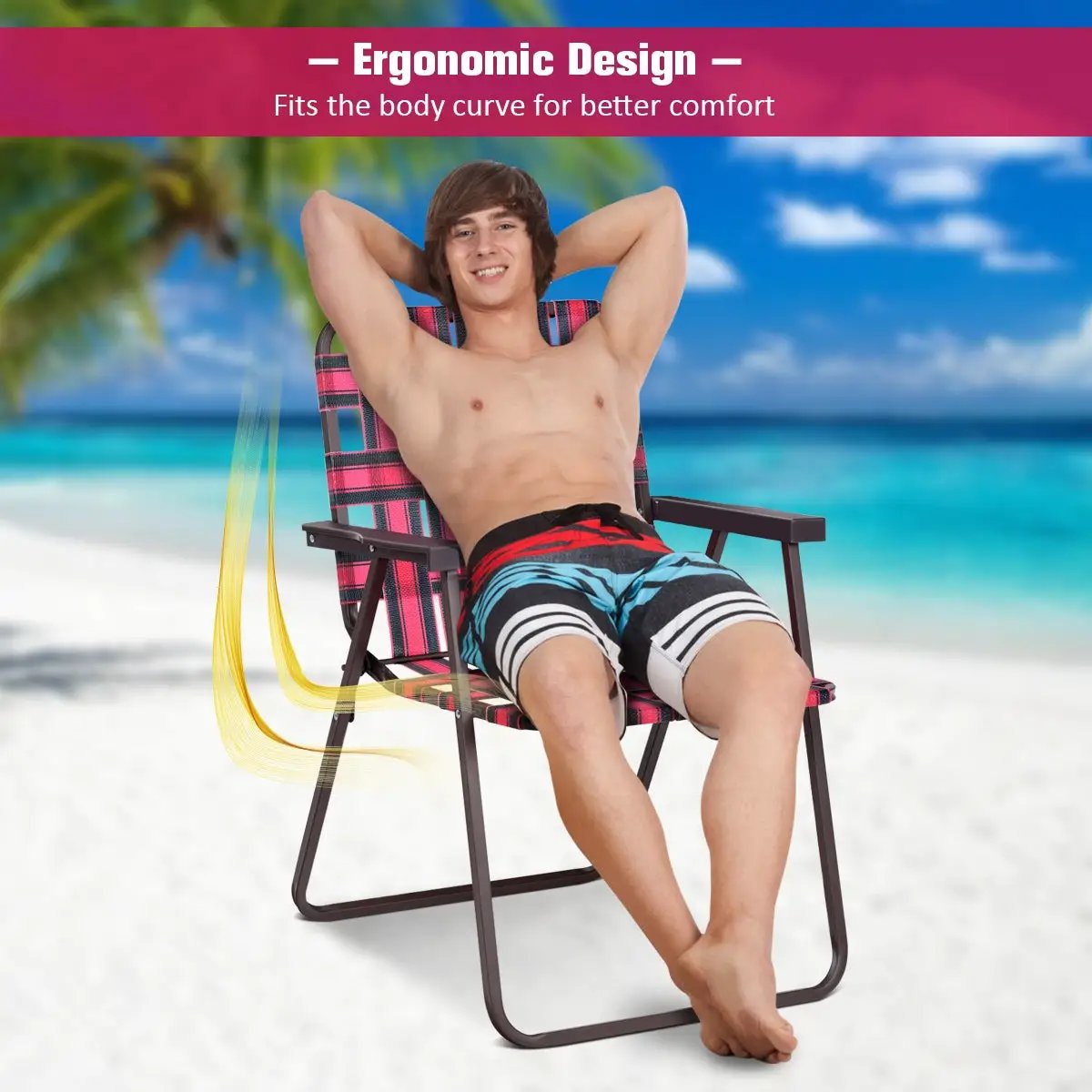 Six folding beach chairs with pink plaid fabric and dark metal frames on a sunny beach on Tampa Home & Garden Store