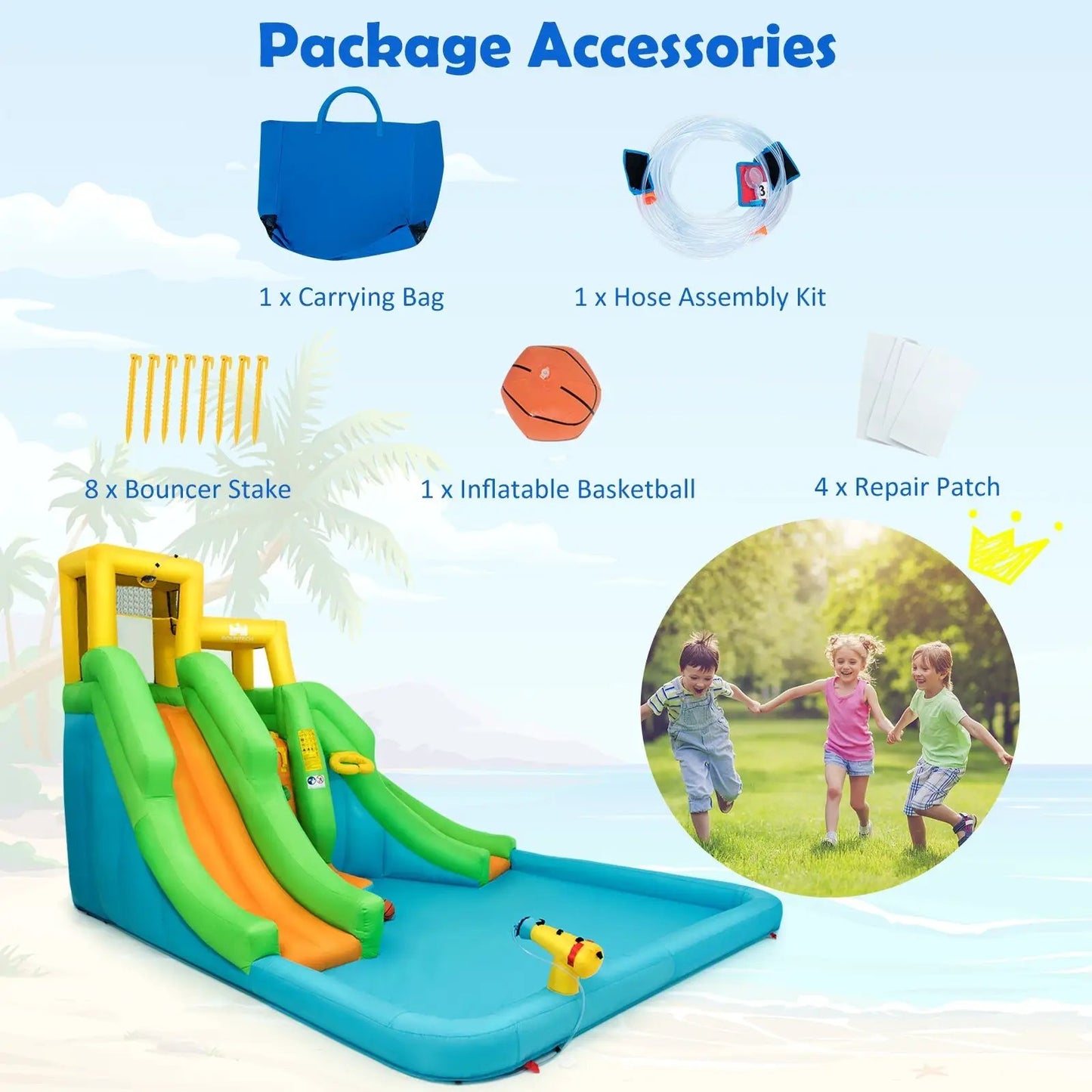Kids Inflatable Water Park Bounce House accessories set: carrying bag, hose kit, 8 stakes on Tampa Home & Garden Store
