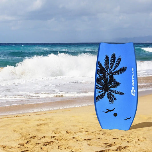 Super Lightweight Bodyboard GoPlus in blue with palm tree graphic on sandy beach on Tampa Home & Garden Store