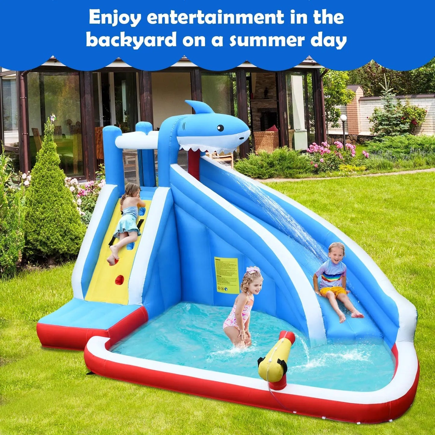 4-in-1 Inflatable Water Park with Long Slide blue shark-themed backyard setup on Tampa Home & Garden Store
