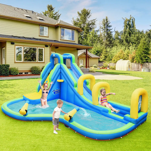 Inflatable water slide bounce house with cannons, bluegreen slides in a yard with kids playing on Tampa Home & Garden Store