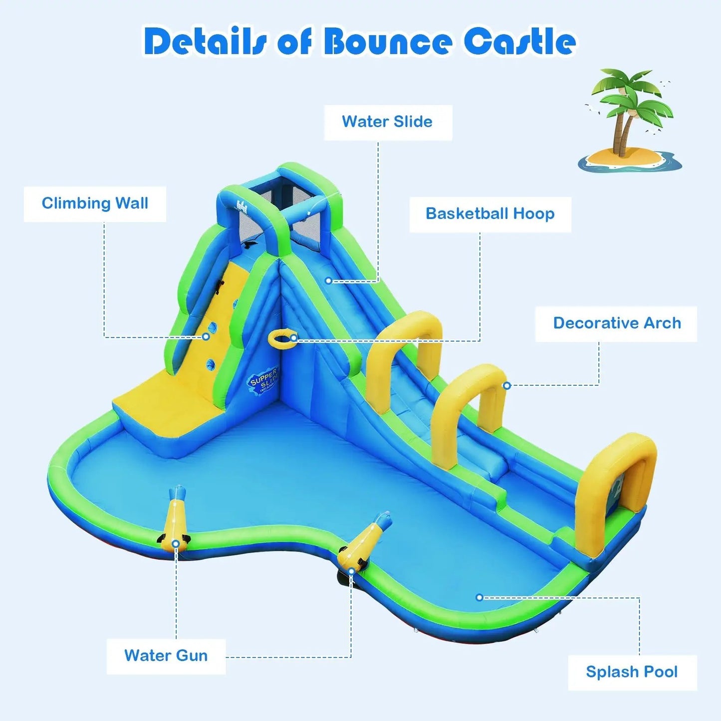 Inflatable Water Slide Bounce House with Cannons DirectDeals blue-green with yellow accents on Tampa Home & Garden Store
