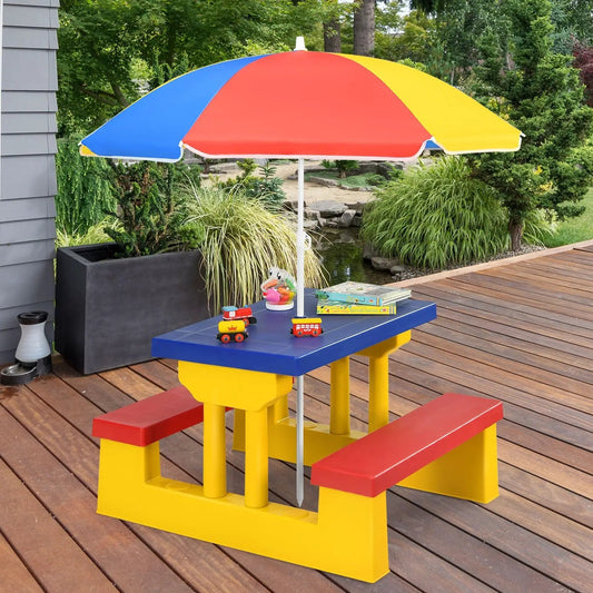 Kids Picnic Folding Table and Bench with Umbrella blue tabletop and yellow frames on Tampa Home & Garden Store