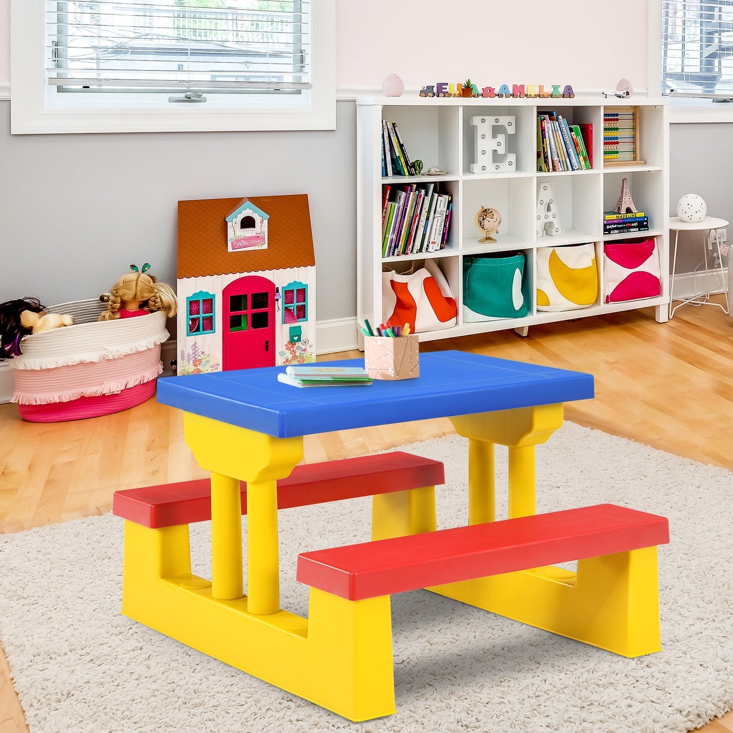 Kids picnic folding table and bench set with blue tabletop, yellow legs, and red benches on Tampa Home & Garden Store