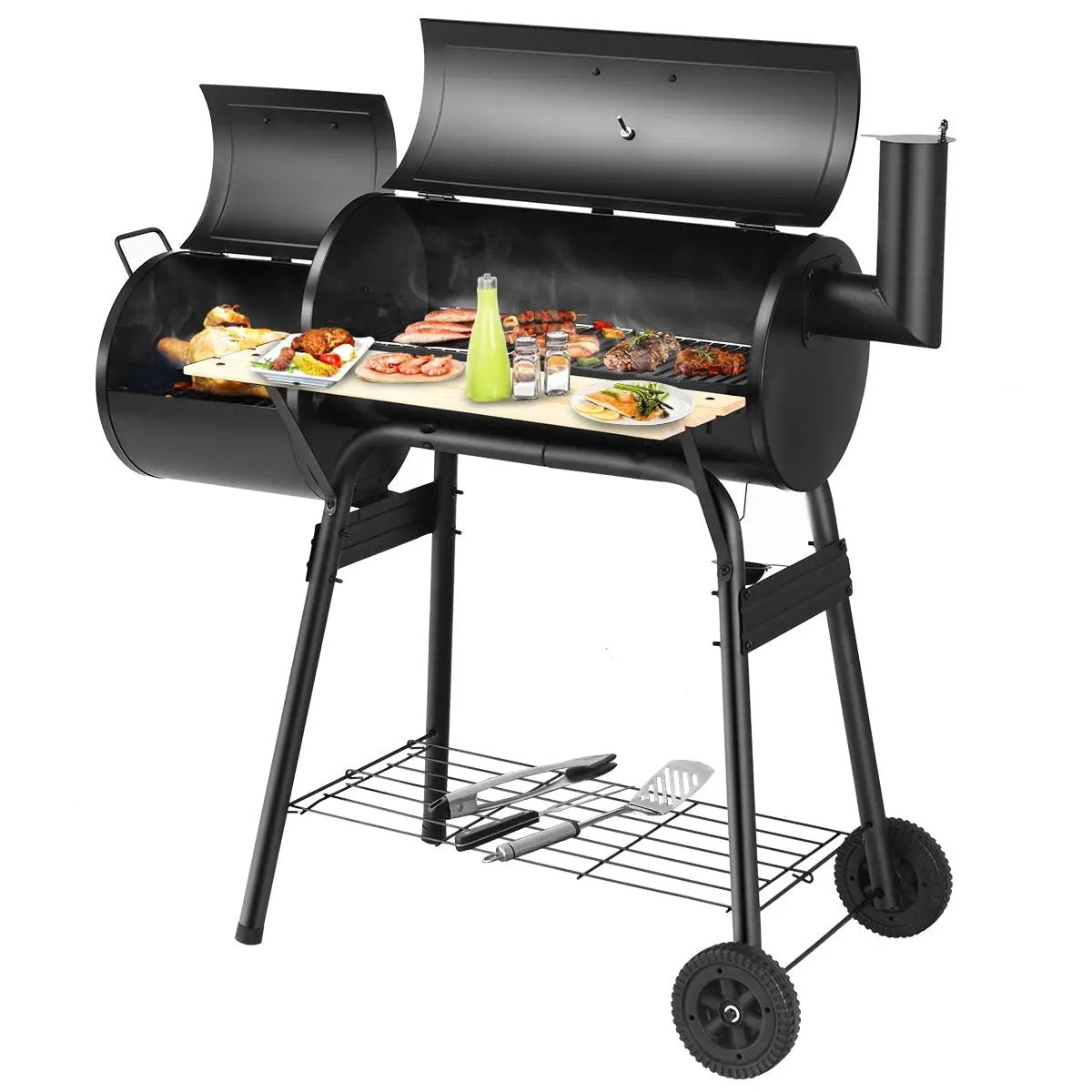 Outdoor BBQ Grill Barbecue Pit barrel smoker on steel wheeled cart with side smoker on Tampa Home & Garden Store