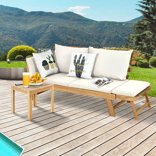 DirectDeals adjustable patio sofa with beige cushions and cactus throw pillows on deck on Tampa Home & Garden Store