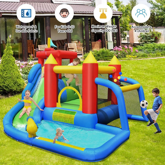 Inflatable bounce house splash pool with water slide in blue, yellow, red for kids on Tampa Home & Garden Store