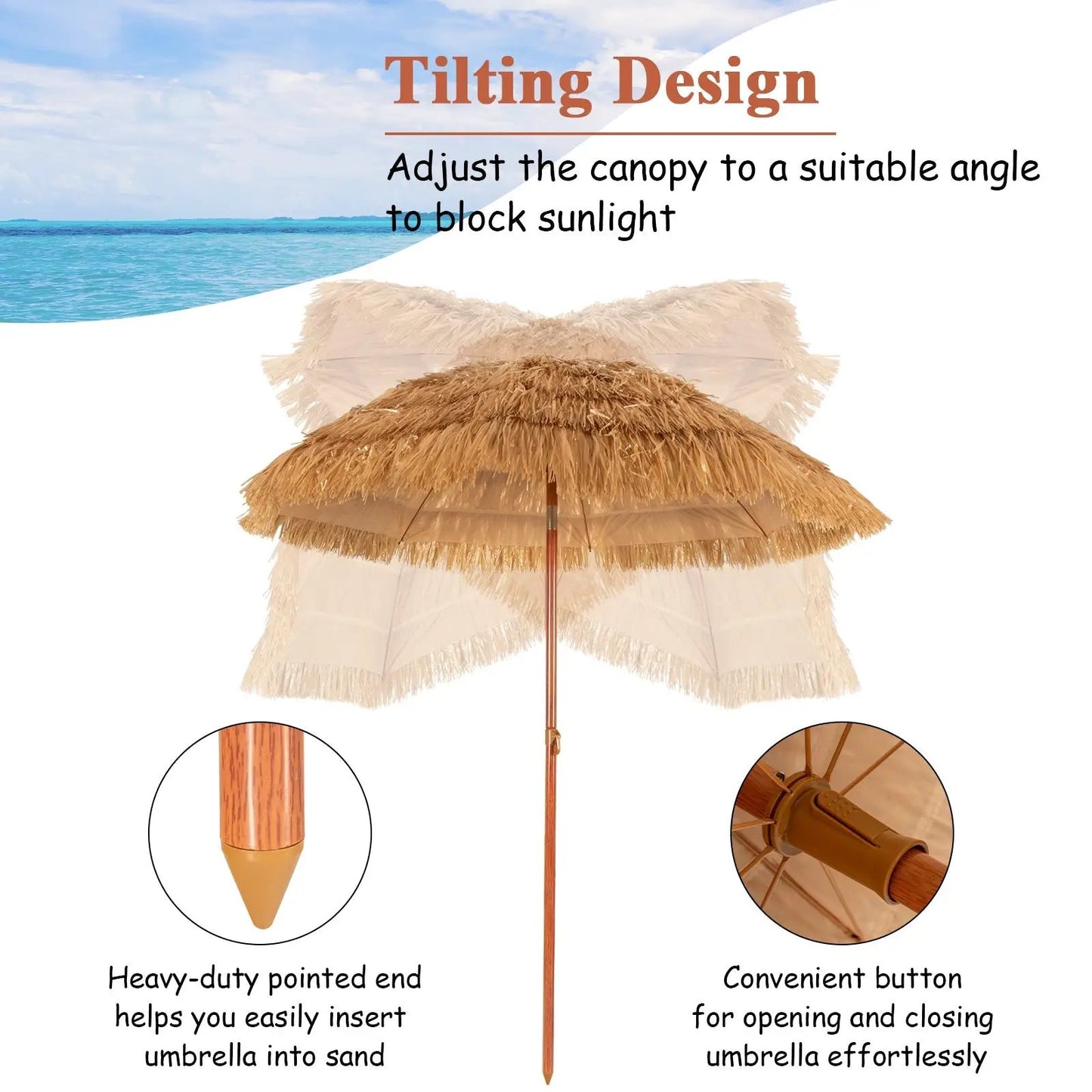 6.5 Feet Portable Thatched Tiki Beach Umbrella with Adjustable Tilt - Tampa Home & Garden Store