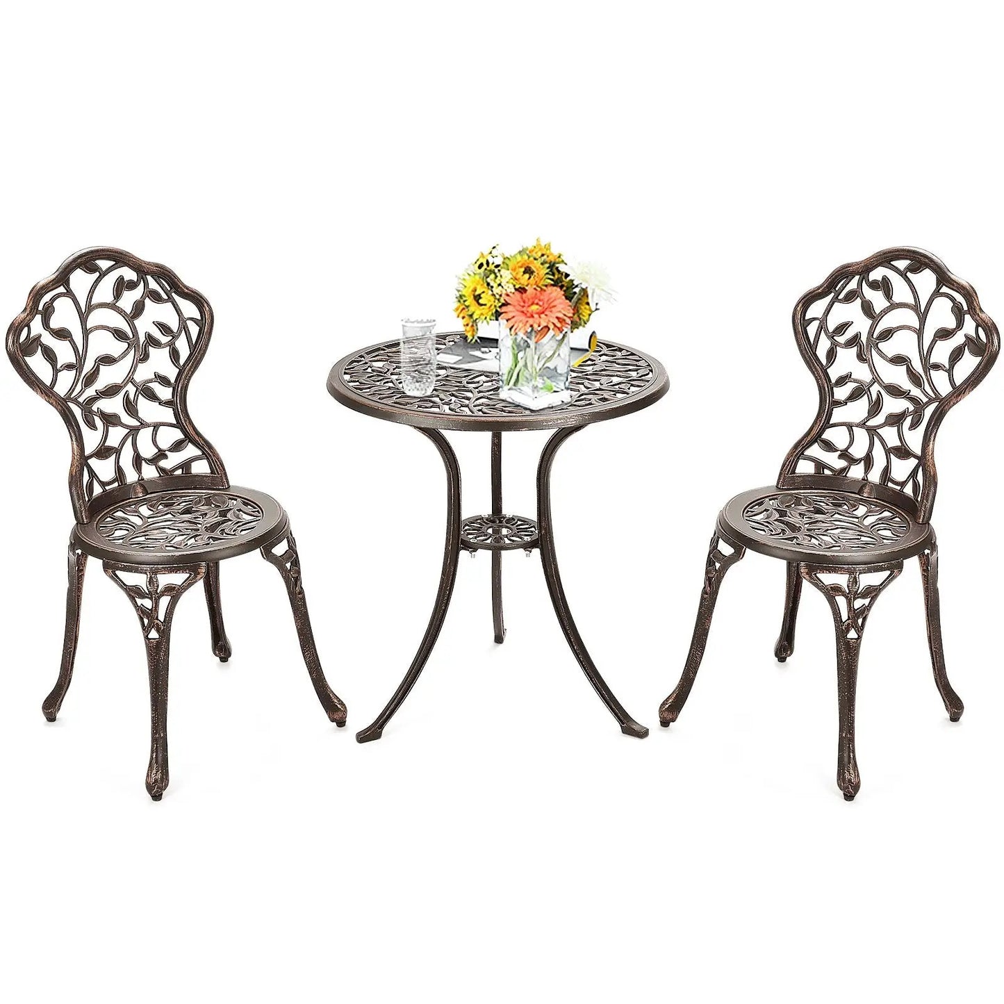 Three Piece Cast Aluminum Bistro Set with two bronze lattice chairs and a round table on Tampa Home & Garden Store