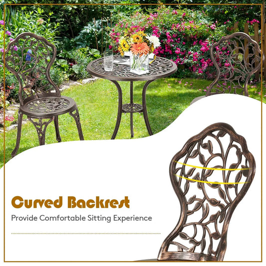 Three Piece Cast Aluminum Bistro Set with antique bronze finish and curved-back chairs on Tampa Home & Garden Store