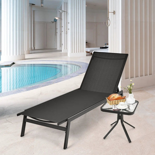 Outdoor Reclining Chaise Lounge Chair with 6-Position Adjustable Back-Black - Tampa Home & Garden Store