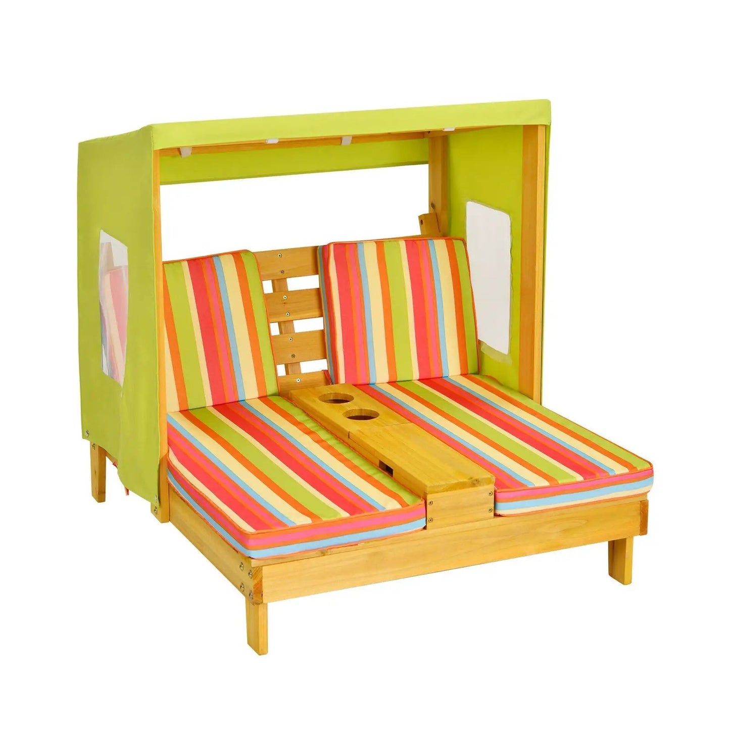 Kids patio sunlounger with cup holders, lime canopy and colorful striped cushions on Tampa Home & Garden Store