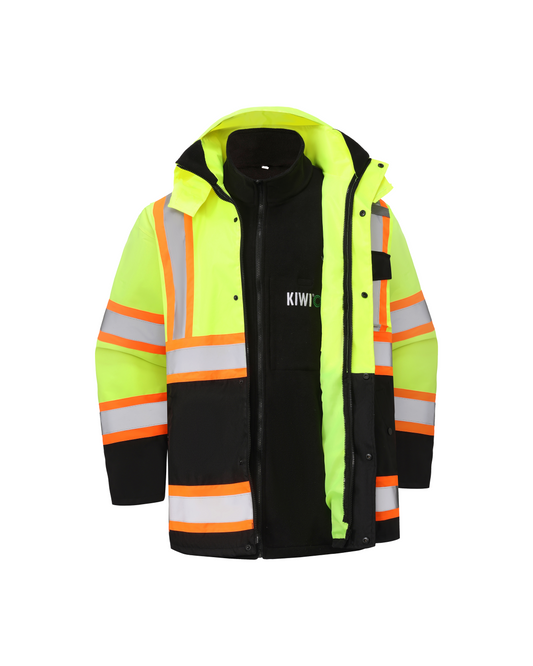Kiwi High-Visibility 3-in-1 Hooded Jacket neon yellow with reflective stripes on Tampa Home & Garden Store