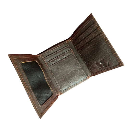 Full grain leather RFID trifold wallet with multiple card slots in dark brown on Tampa Home & Garden Store