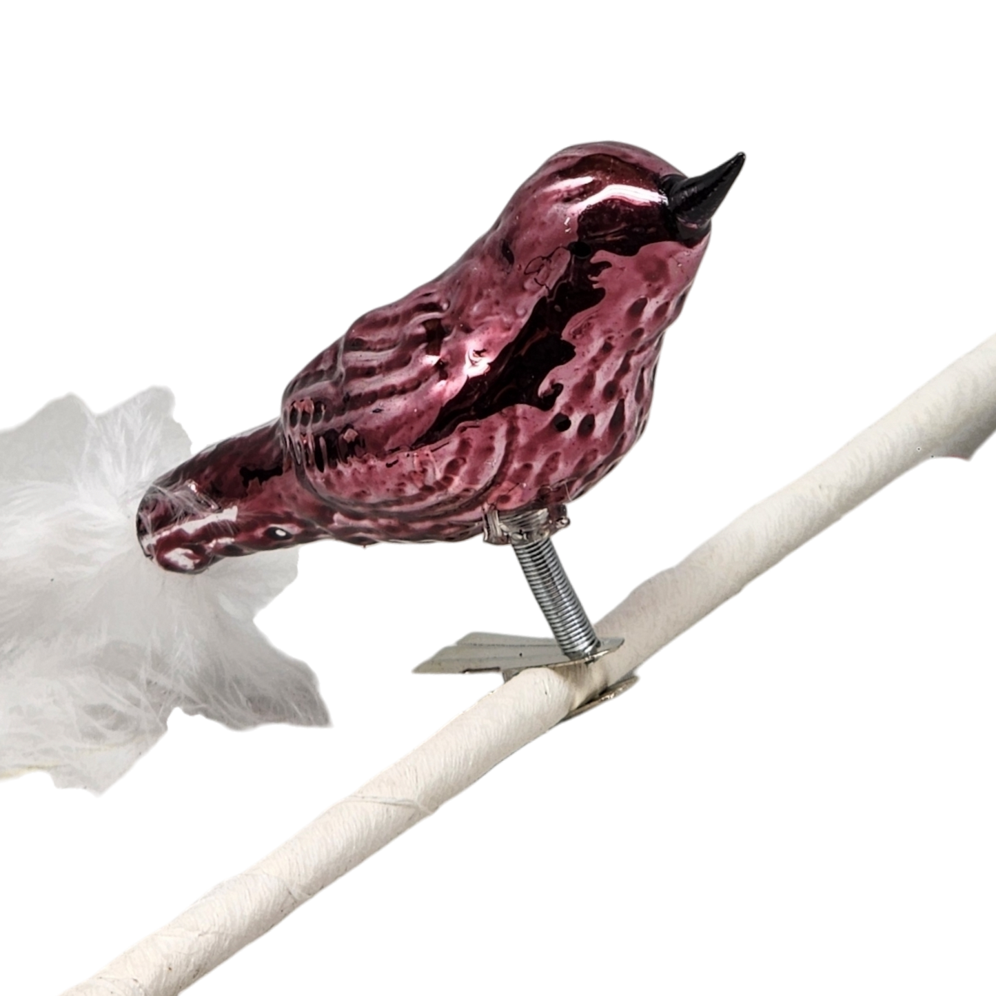 Glass and enamel clip-on bird ornament in pink and red on Tampa Home & Garden Store