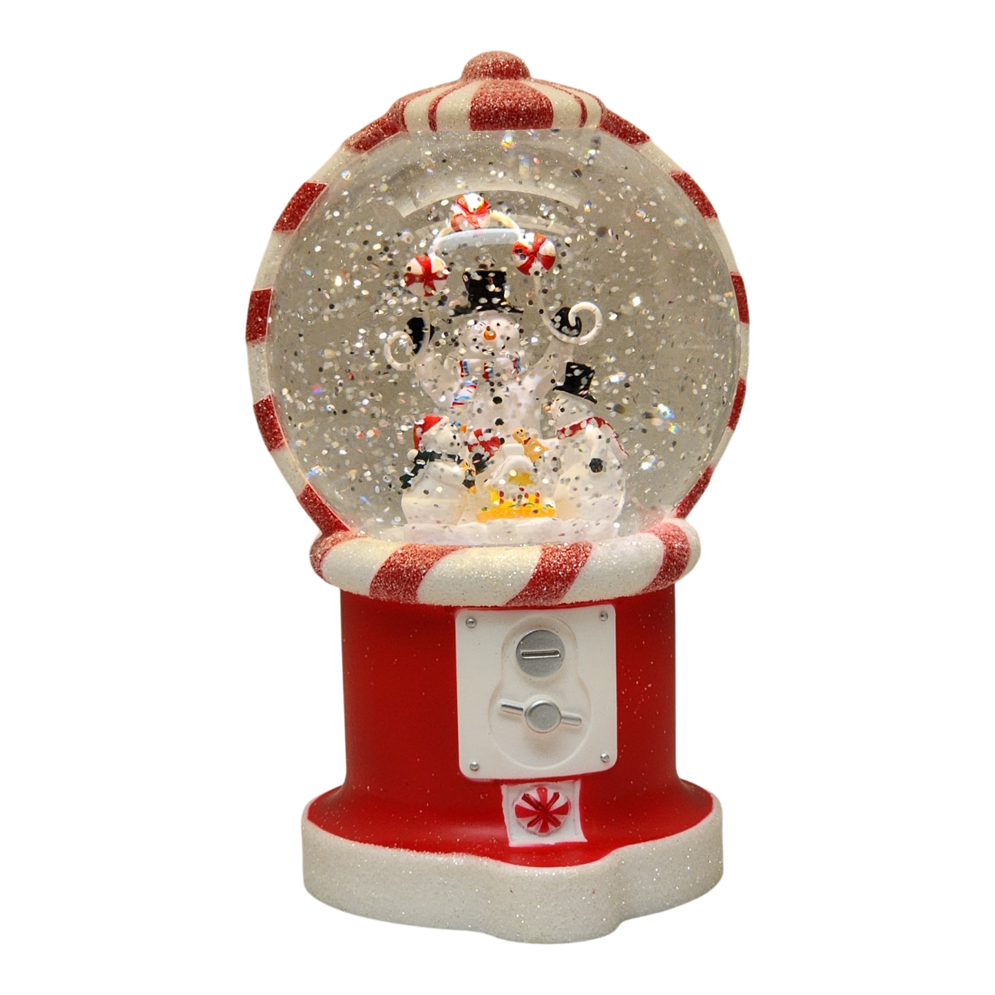 Lighted Water Globe Snowman Gumball Machine with red candy-cane striped base and glittery snow on Tampa Home & Garden Store