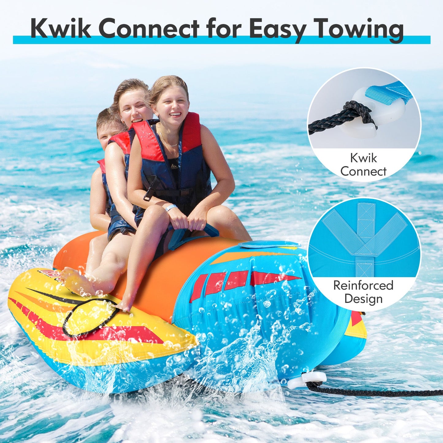 3-Person inflatable banana boat with EVA seats in blue and orange; riders wearing life jackets on Tampa Home & Garden Store