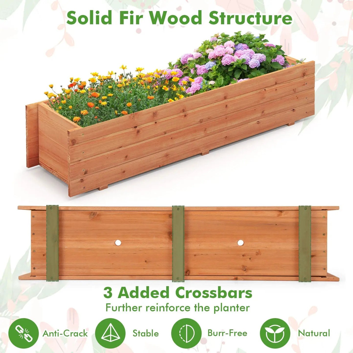 Fir Wood Planter Box with 2 Drainage Holes and 3 Added Bottom Crossbars-Orange - Tampa Home & Garden Store