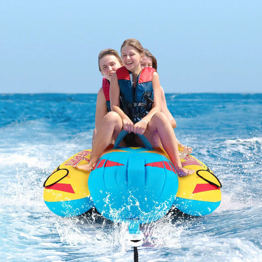 3-Person Inflatable Banana Boat with EVA seats, yellow-blue design on Tampa Home & Garden Store
