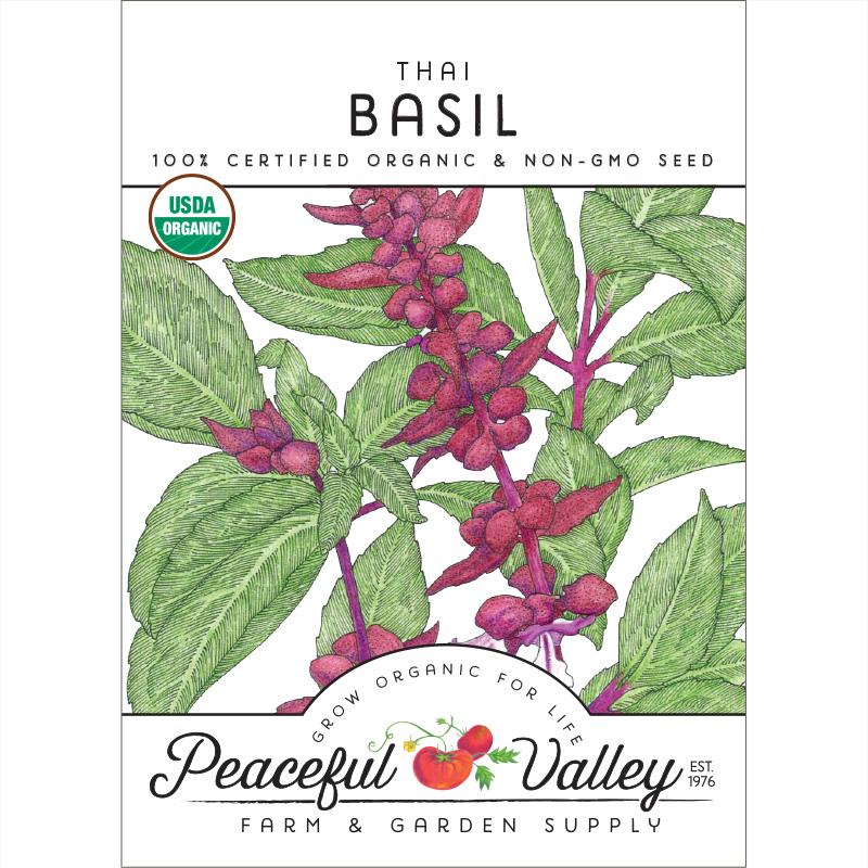 Thai Basil seeds packet with green leaves and purple stems, USDA Organic by Seedtime Store on Tampa Home & Garden Store
