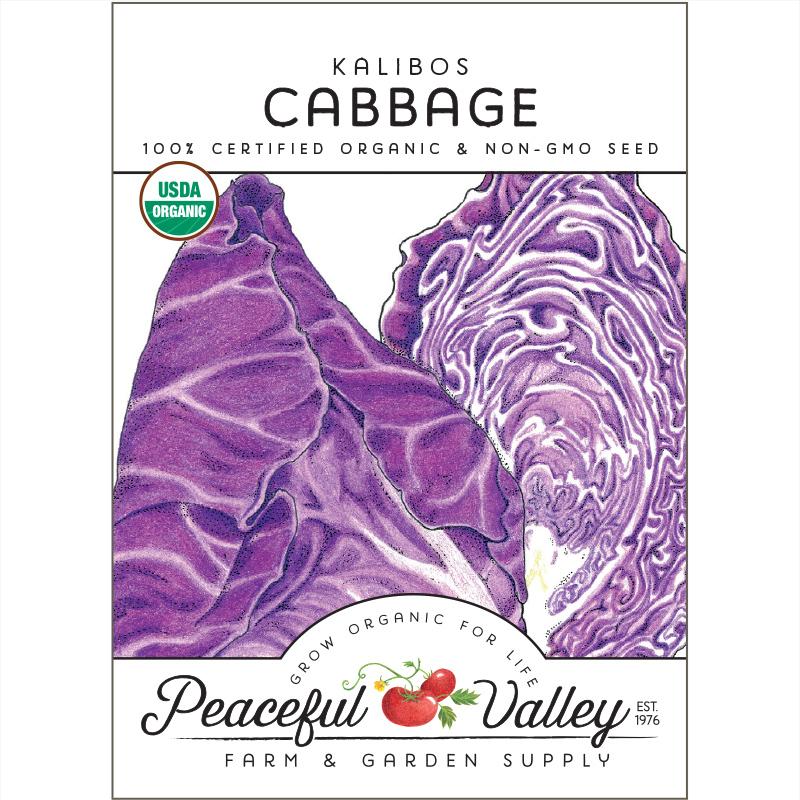 Kalibos Cabbage seeds packet with purple cabbage image and USDA Organic Peaceful Valley label on Tampa Home & Garden Store