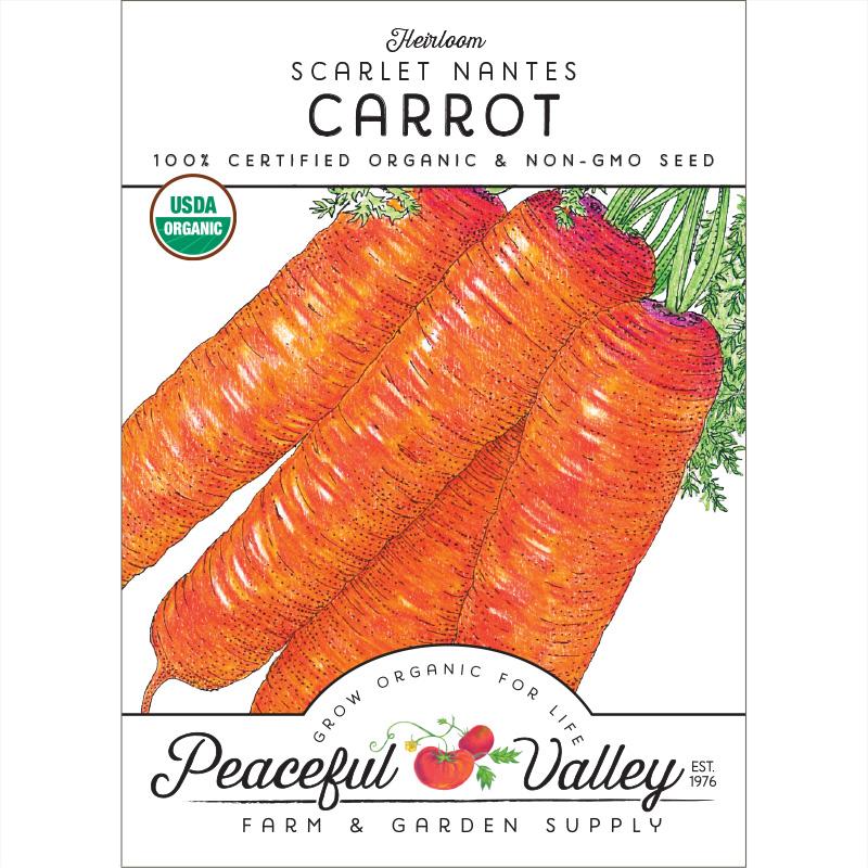 Carrot seeds Scarlet Nantes packet, Peaceful Valley brand, USDA Organic label on Tampa Home & Garden Store