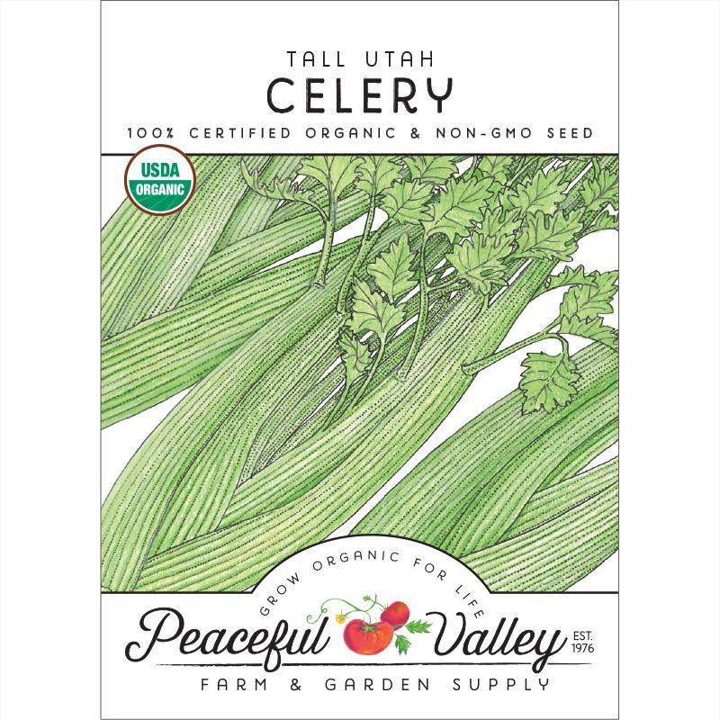 Tall Utah Celery seeds packet with green stalks and USDA Organic badge Peaceful Valley on Tampa Home & Garden Store