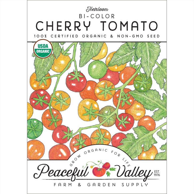 Bicolor Cherry Tomato seeds packet by Seedtime Store with red and orange cherry tomatoes illustration on Tampa Home & Garden Store