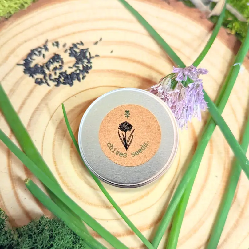 Chives seeds tin by Plantflix; orange label, chive illustration, purple flower on Tampa Home & Garden Store