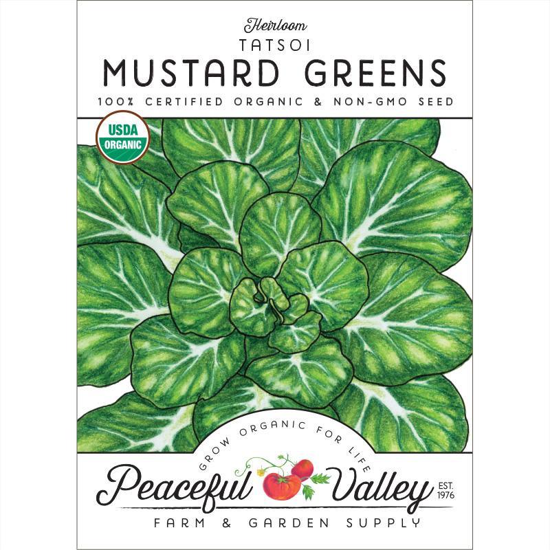 Mustard Tatsoi greens seed packet by Grow Organic with USDA Organic badge and vibrant green leaves on Tampa Home & Garden Store
