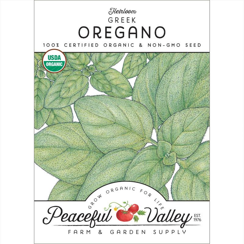 Greek oregano seeds packet with green leaf design, USDA Organic badge, Peaceful Valley label on Tampa Home & Garden Store