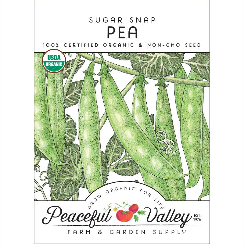 Sugar Snap Pea seeds Peaceful Valley packet with green pods and USDA Organic label on Tampa Home & Garden Store