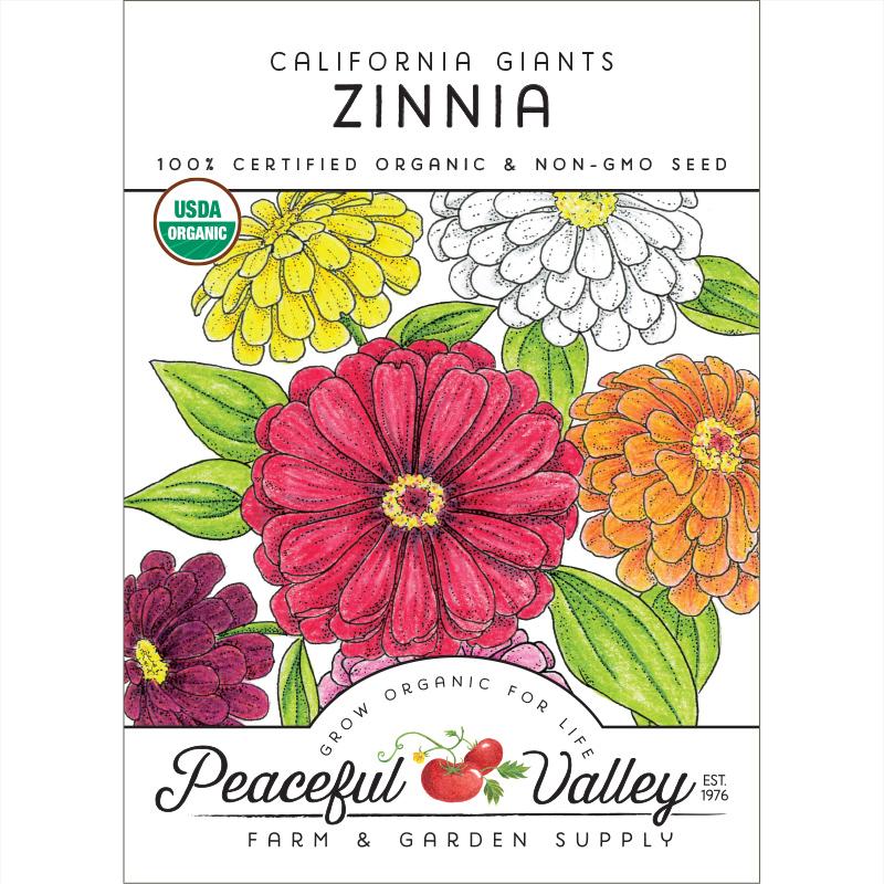 California Giants Zinnia seeds packet with vibrant blooms and Organic by Peaceful Valley on Tampa Home & Garden Store