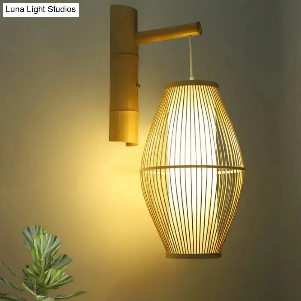 Oriental Bamboo Woven Wall Lamp Bedroom Beige