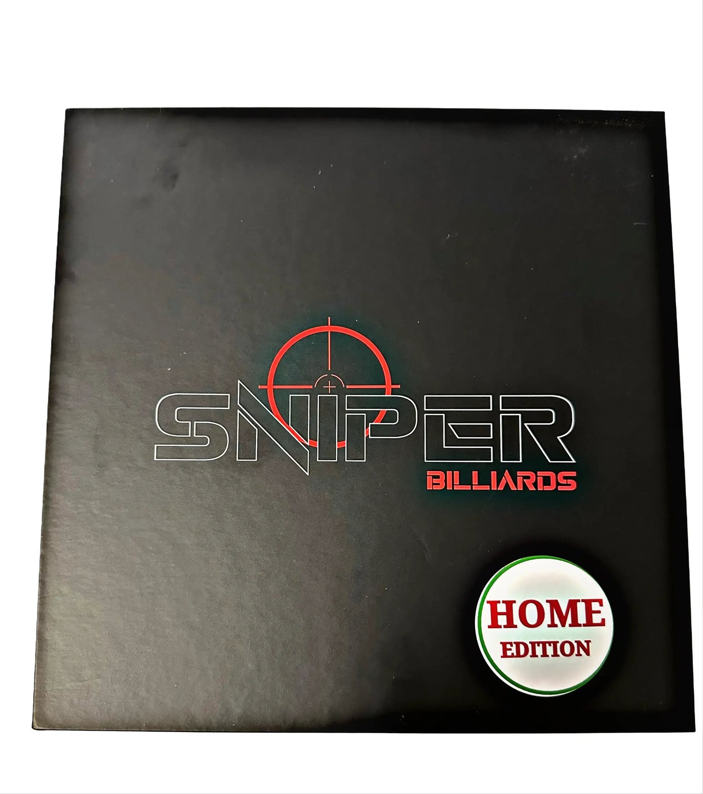 Sniper Home Edition pool balls Crosby's Billiards red crosshair logo on black packaging on Tampa Home & Garden Store