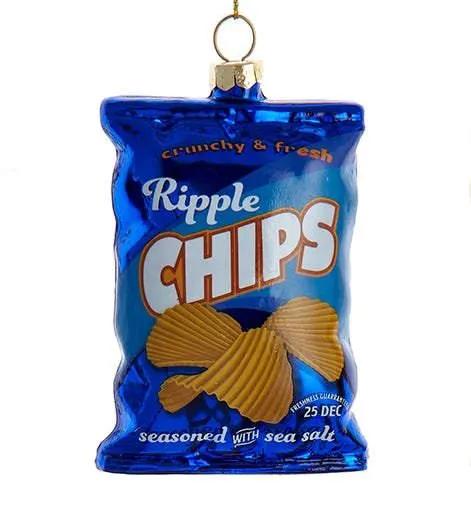 Glass snack bag ornament blue with Ripple Chips design for holiday decor on Tampa Home & Garden Store